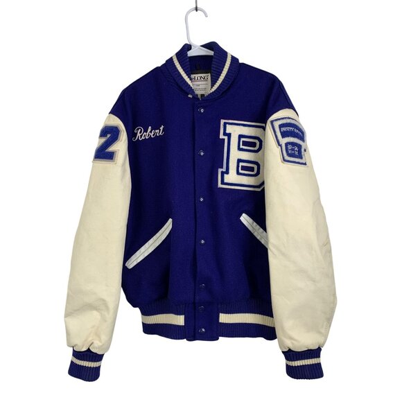 Vintage 90s DeLONG Mens Varsity Letterman Jacket Mr Warren Wool Leather M/L Blue - Picture 1 of 10